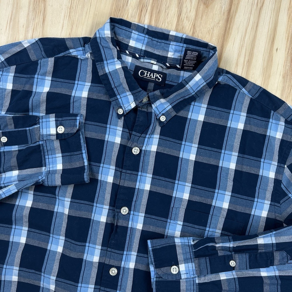 CHAPS Mens Shirt XL Blue Plaid Button Down Long Sleeve Casual Preppy Classic
